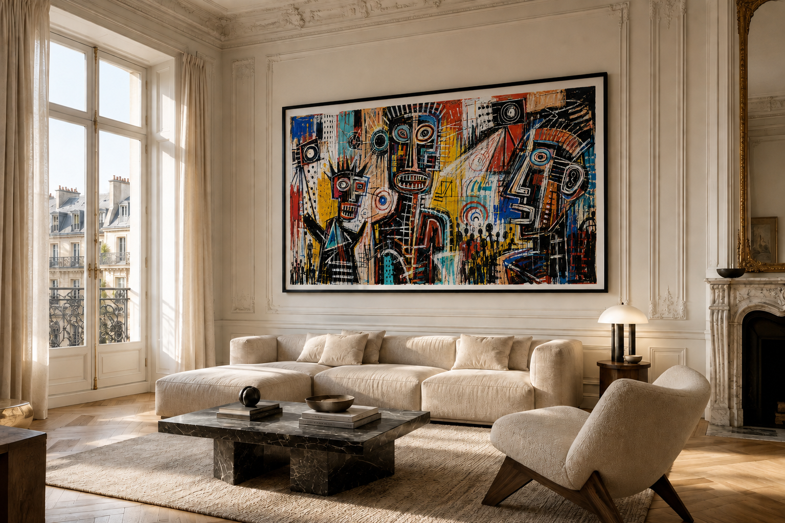 Large-format neo-expressionist artwork by Pierre Valcourt installed in a Paris interior