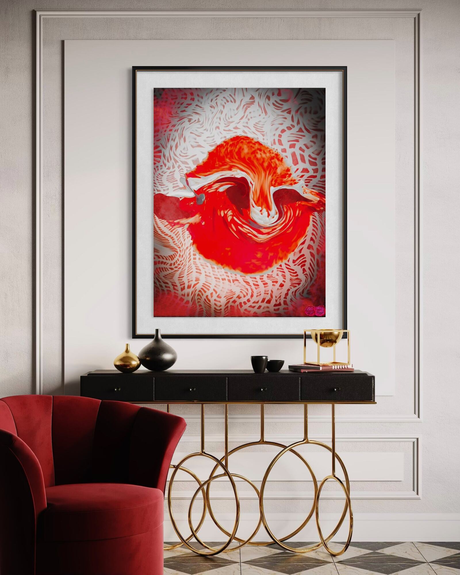 Smiling Red Buddha by ROSC ART installed in a collector interior