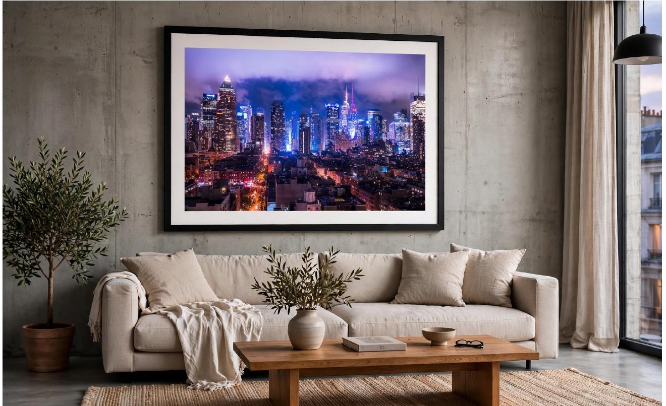 New York Night Skyline by Serge Ramelli, framed in a contemporary interior