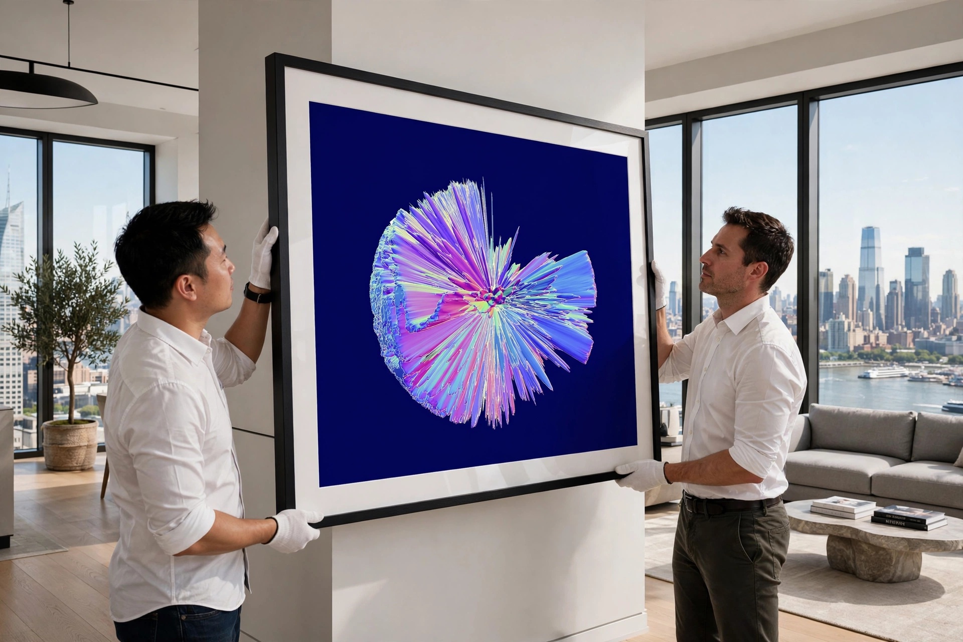 Art handlers installing a large framed contemporary artwork in a private collector interior